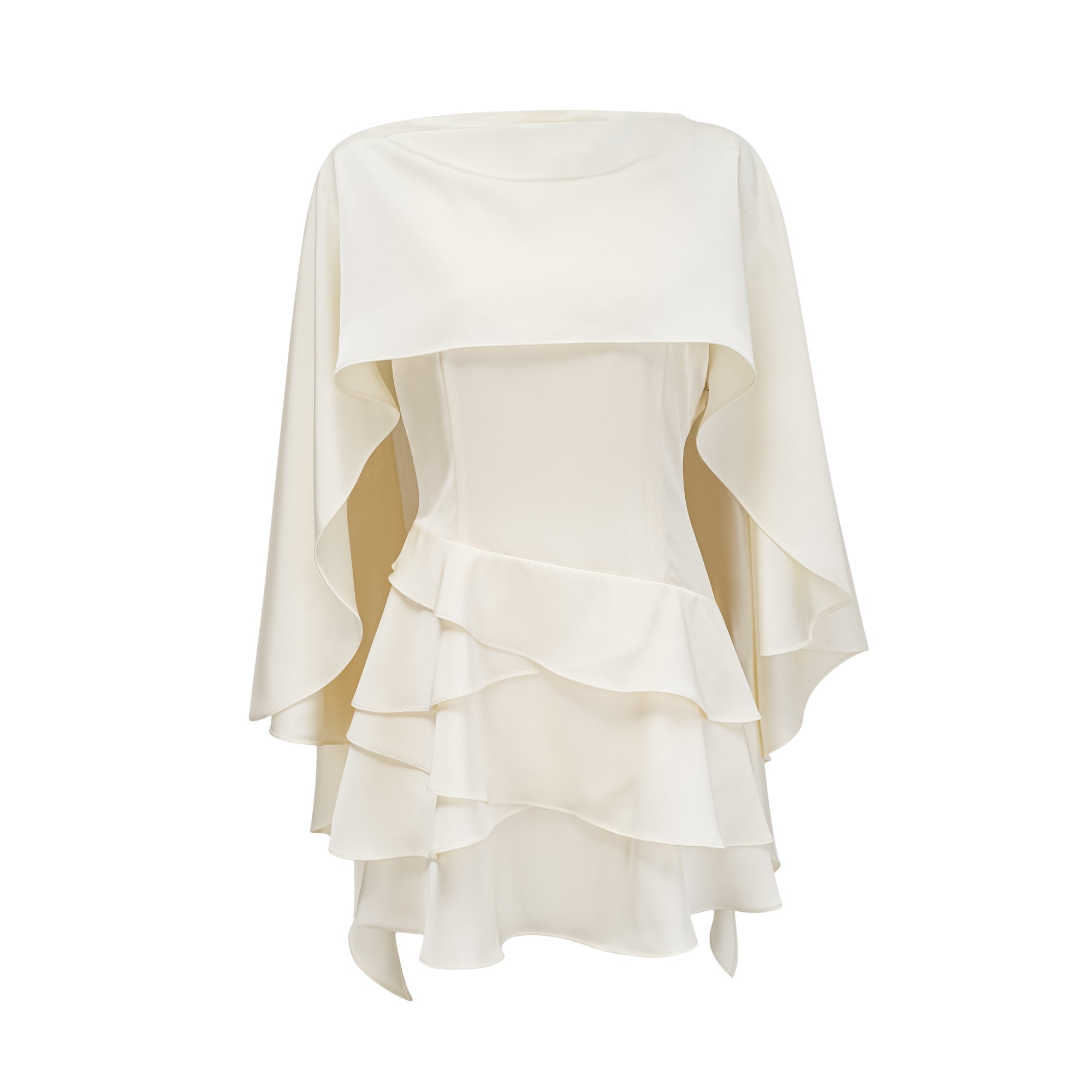 LYNA WHITE SATIN RUFFLED MINI DRESS WITH SHAWL PANEL