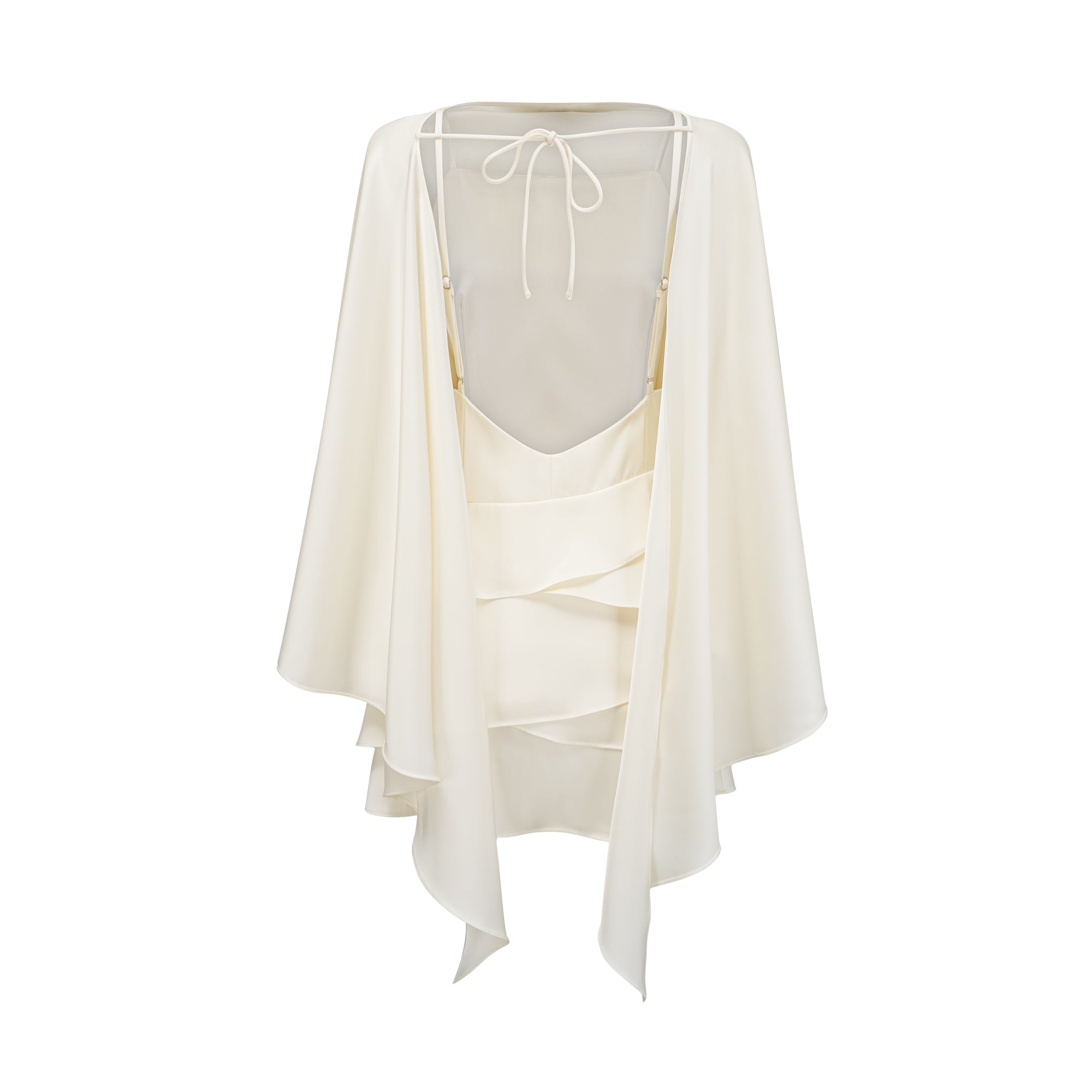 LYNA WHITE SATIN RUFFLED MINI DRESS WITH SHAWL PANEL