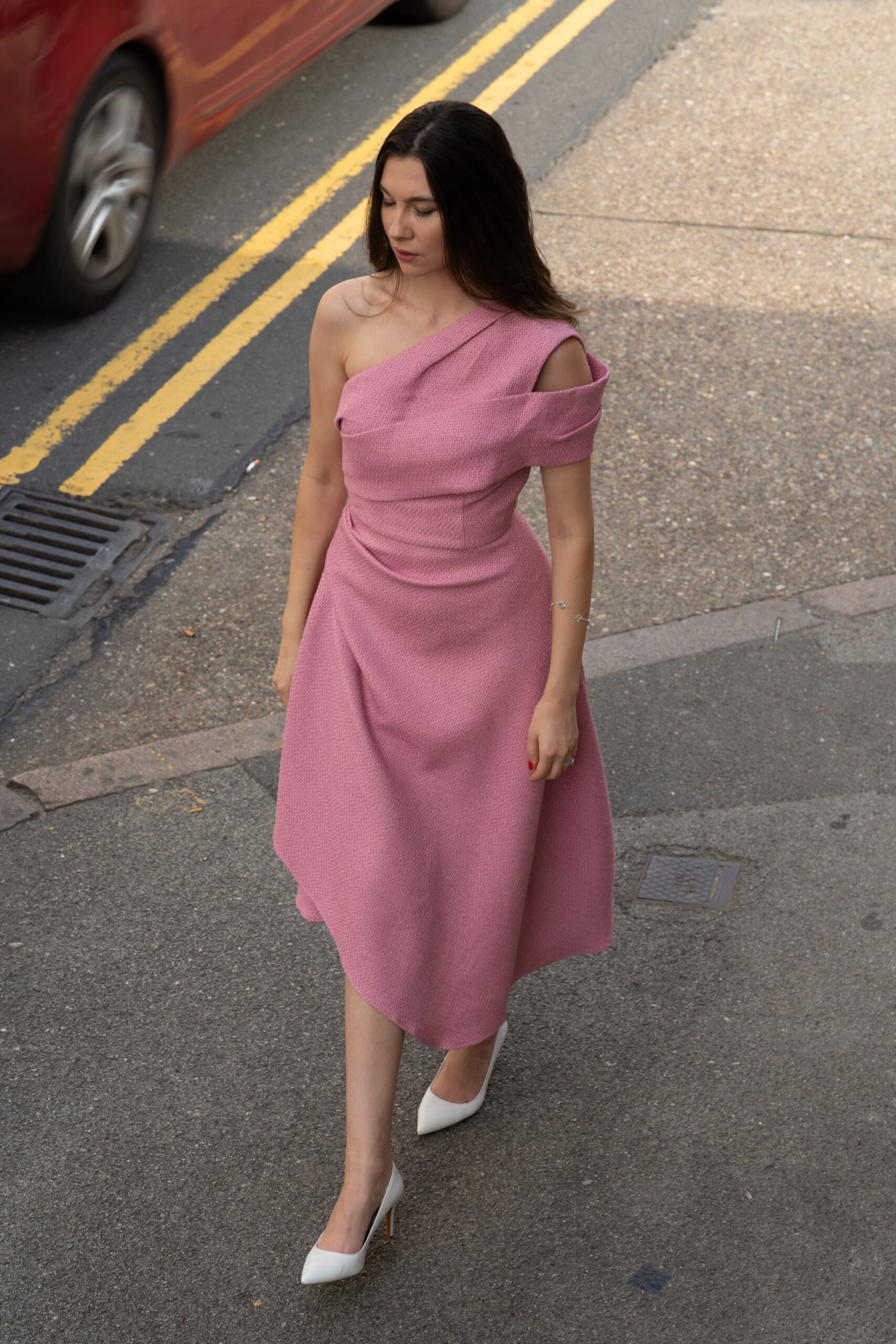 SILVIE ONE SHOULDER ASYMMETRIC MIDI DRESS