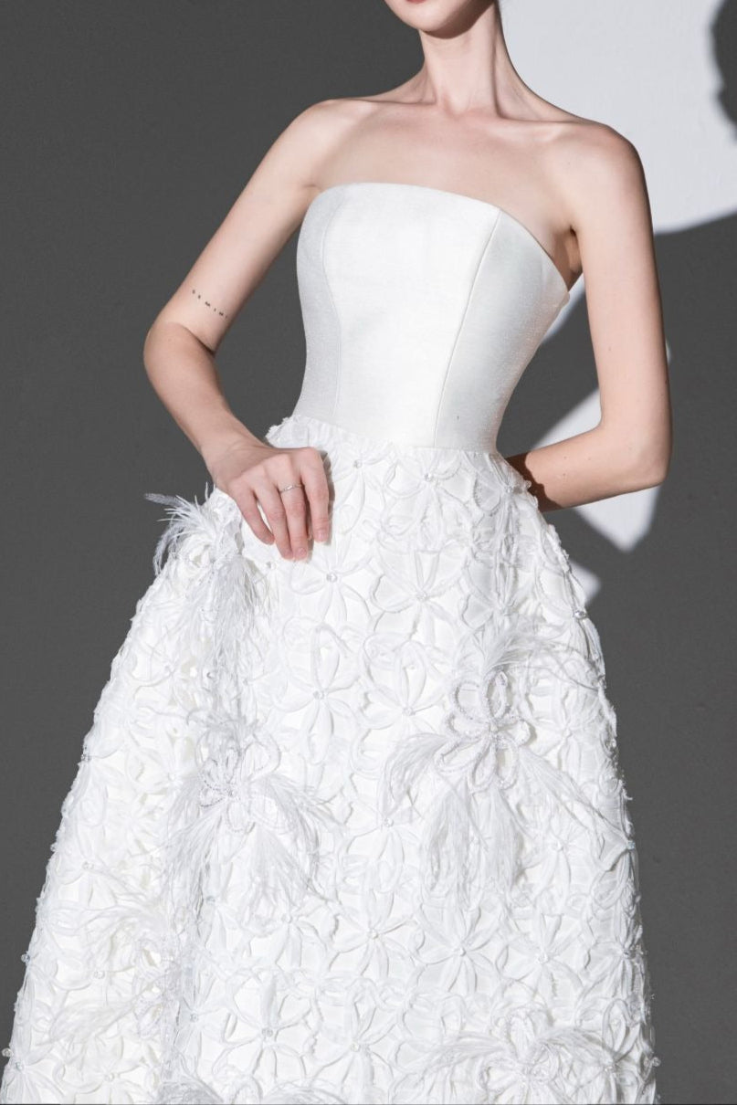 WHITE STRAPLESS MIDI DRESS WITH FLORAL EMBELLISHMENT FOR WEDDING