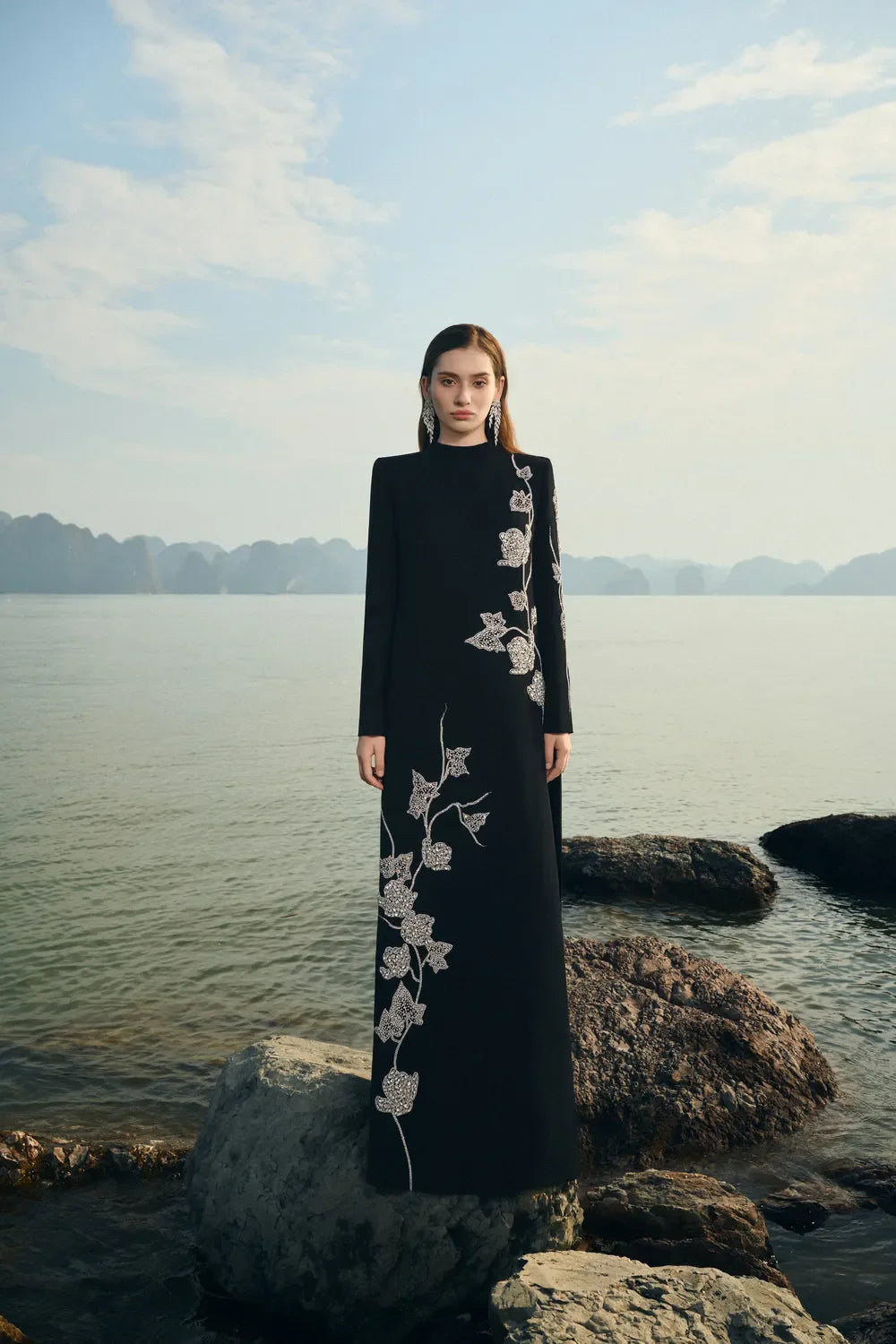 GLORIA HIGH NECK CRYSTAL ASYMMETRIC MAXI DRESS BLACK