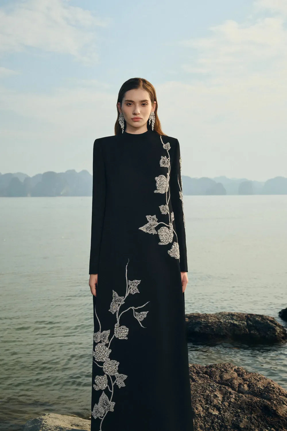 GLORIA HIGH NECK CRYSTAL ASYMMETRIC MAXI DRESS BLACK