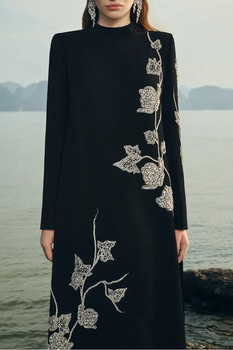 GLORIA HIGH NECK CRYSTAL ASYMMETRIC MAXI DRESS BLACK