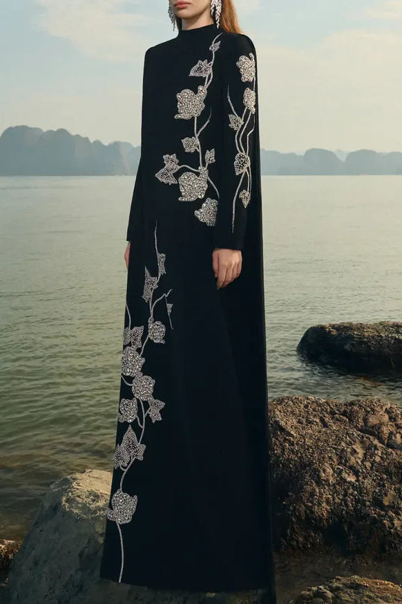 GLORIA HIGH NECK CRYSTAL ASYMMETRIC MAXI DRESS BLACK
