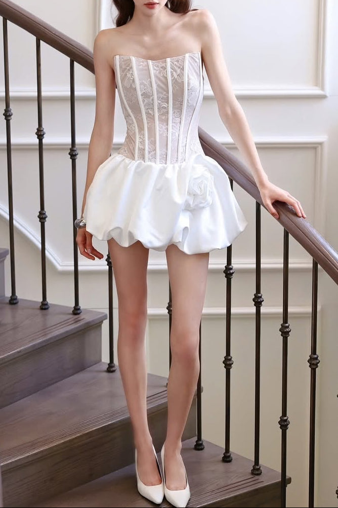 FLOWER BUD PUFFY STRAPLESS WHITE MINI DRESS
