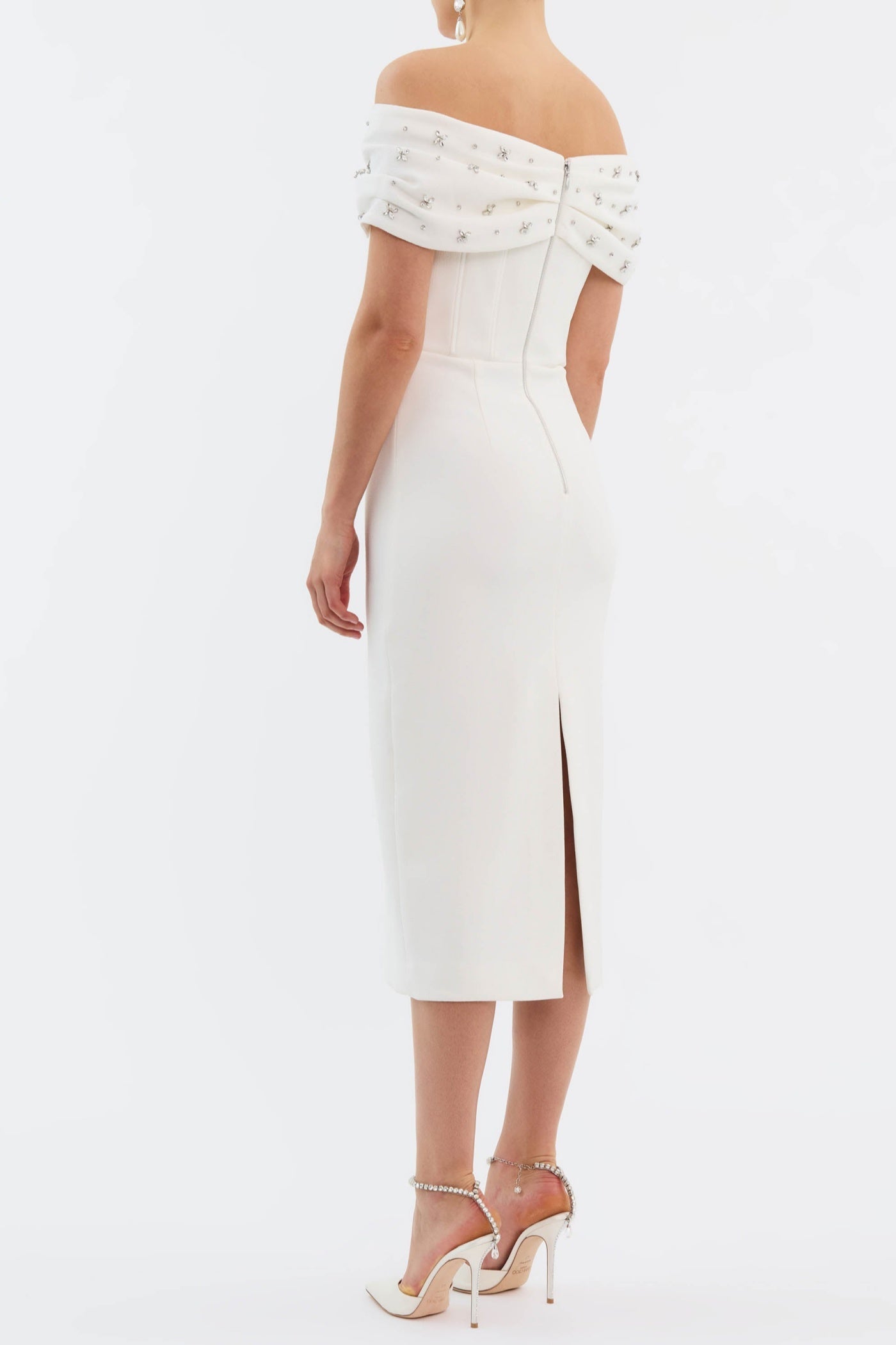 OFF SHOULDER CRYSTAL MIDI DRESS, EVENING PARTY