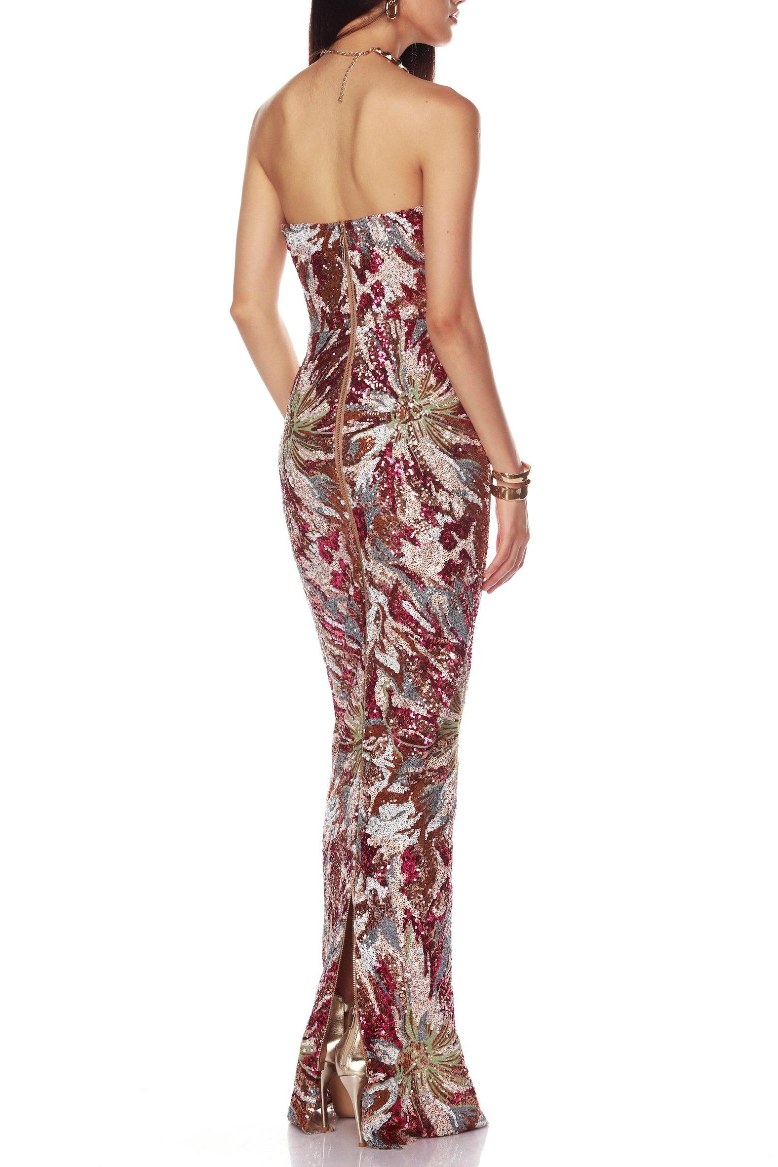 VIVIEN SEQUIN STRAPLESS MAXI DRESS FIREWORKS PATTERN