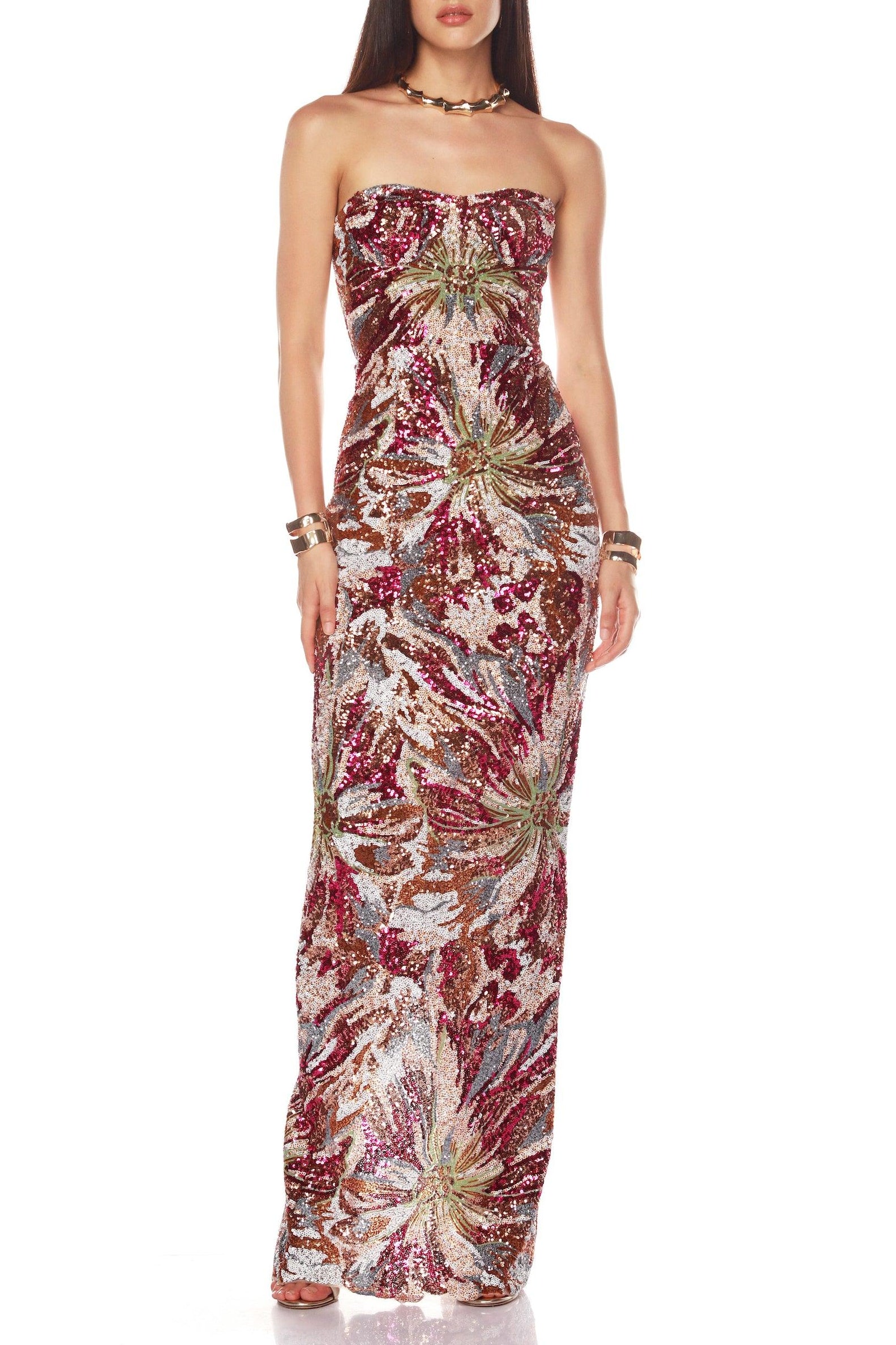 DahliaFuchsiaMultiMaxiDressFront1 VIVIEN SEQUIN STRAPLESS MAXI DRESS FIREWORKS PATTERN
