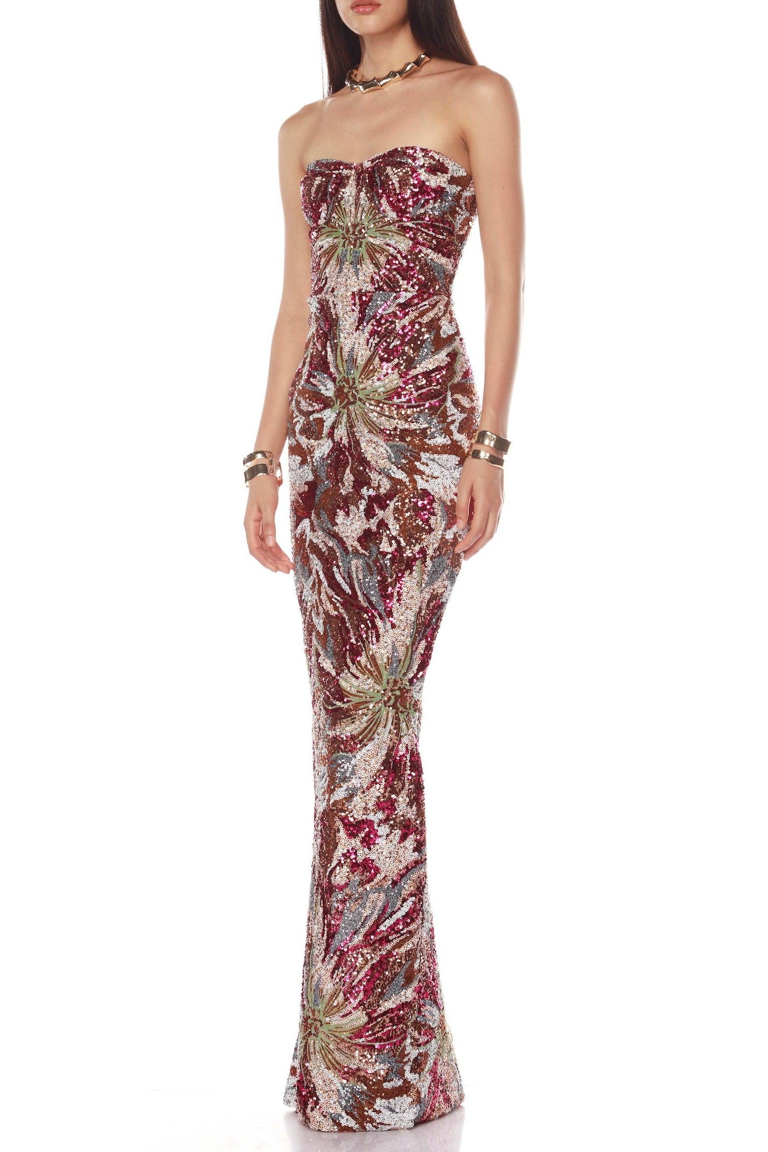 VIVIEN SEQUIN STRAPLESS MAXI DRESS FIREWORKS PATTERN