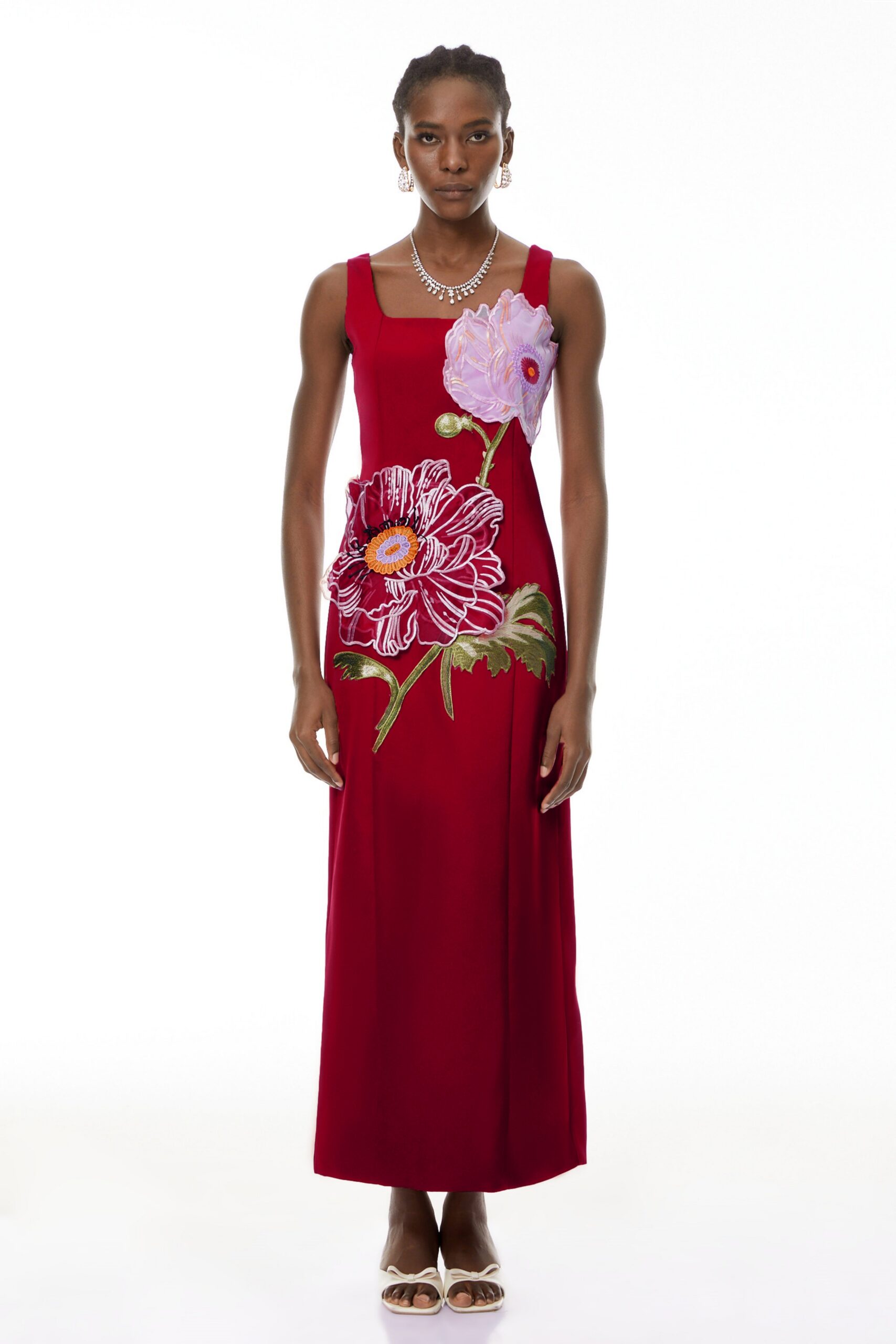 NICOLA RED SATIN SQUARE NECK EMBROIDERED MAXI DRESS