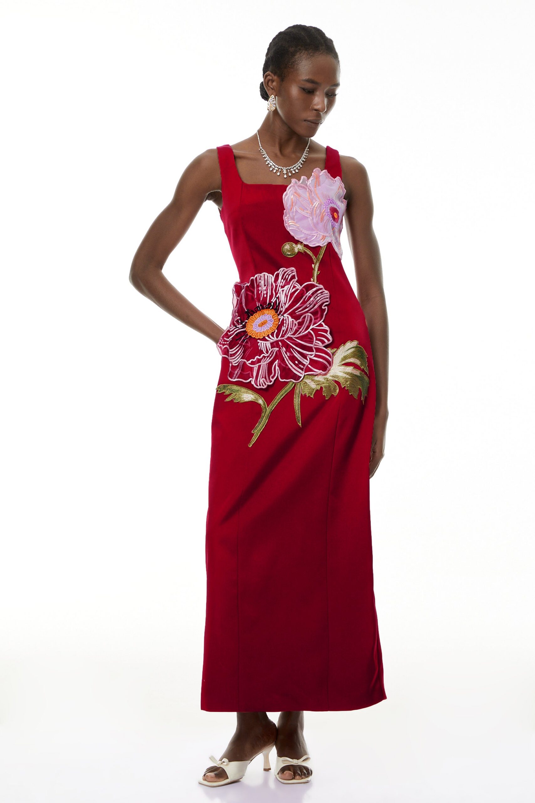 NICOLA RED SATIN SQUARE NECK EMBROIDERED MAXI DRESS