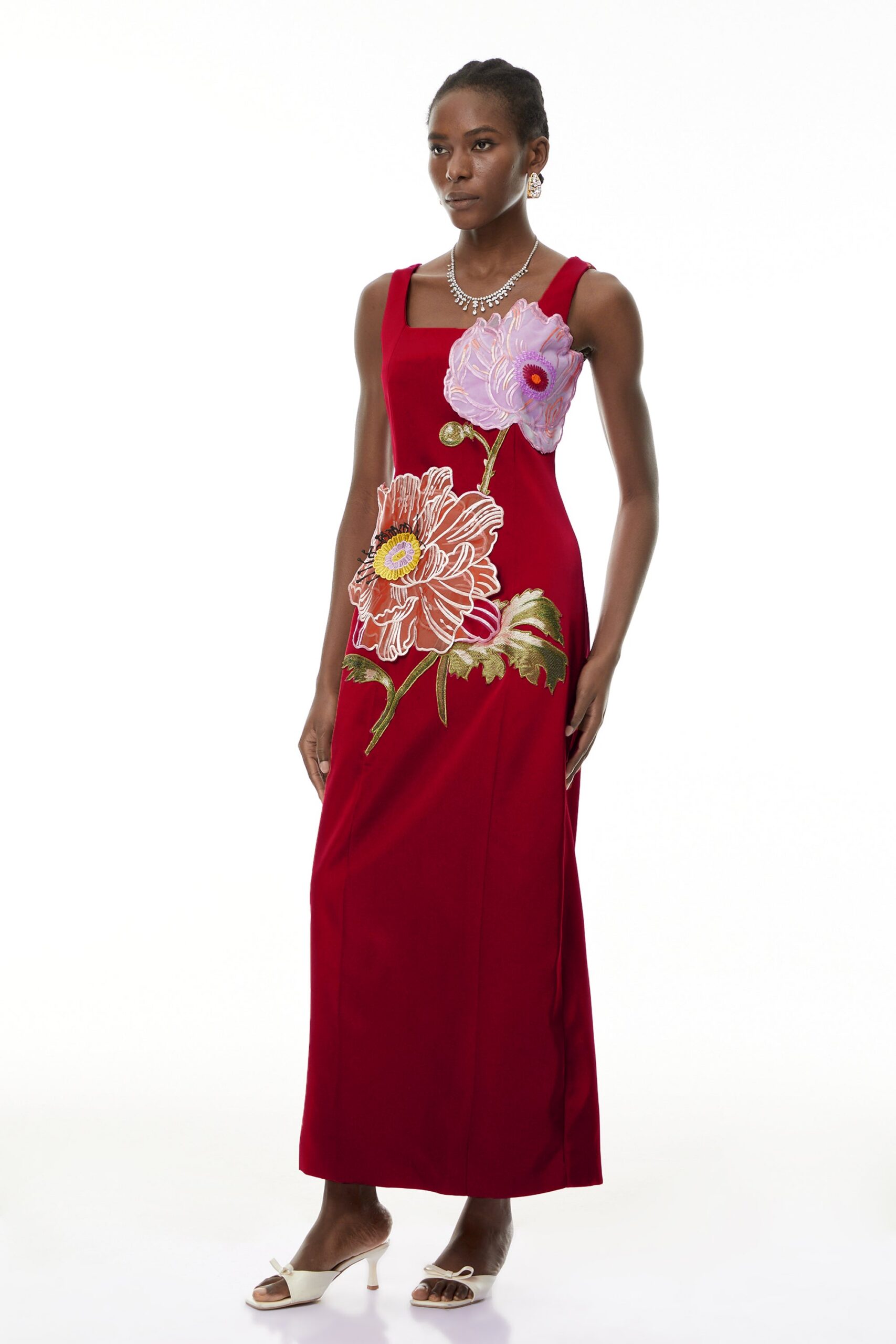 NICOLA RED SATIN SQUARE NECK EMBROIDERED MAXI DRESS