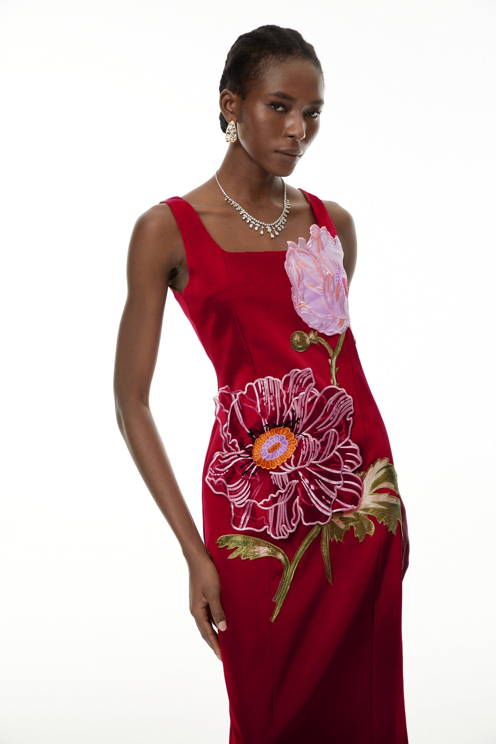 NICOLA RED SATIN SQUARE NECK EMBROIDERED MAXI DRESS