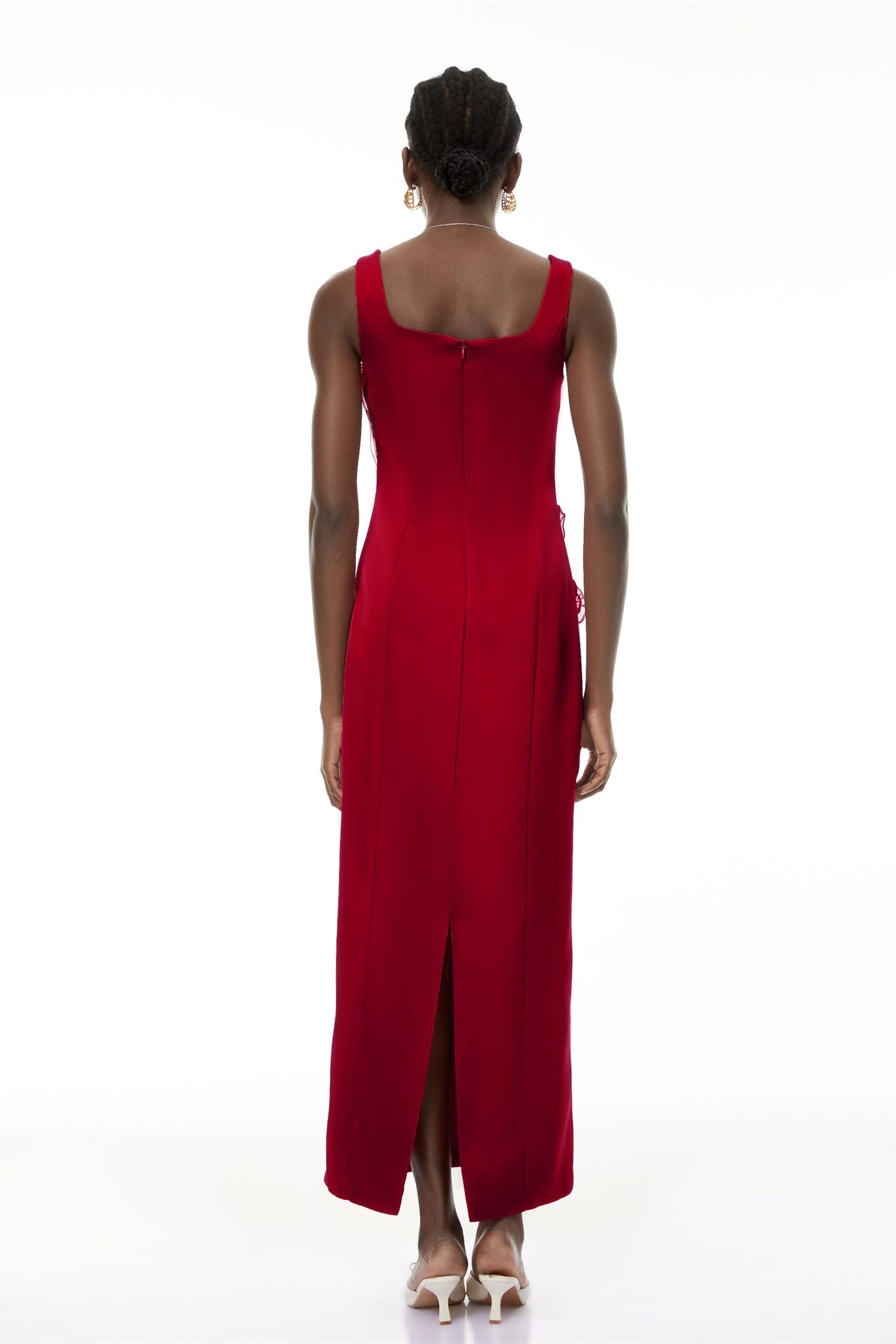NICOLA RED SATIN SQUARE NECK EMBROIDERED MAXI DRESS