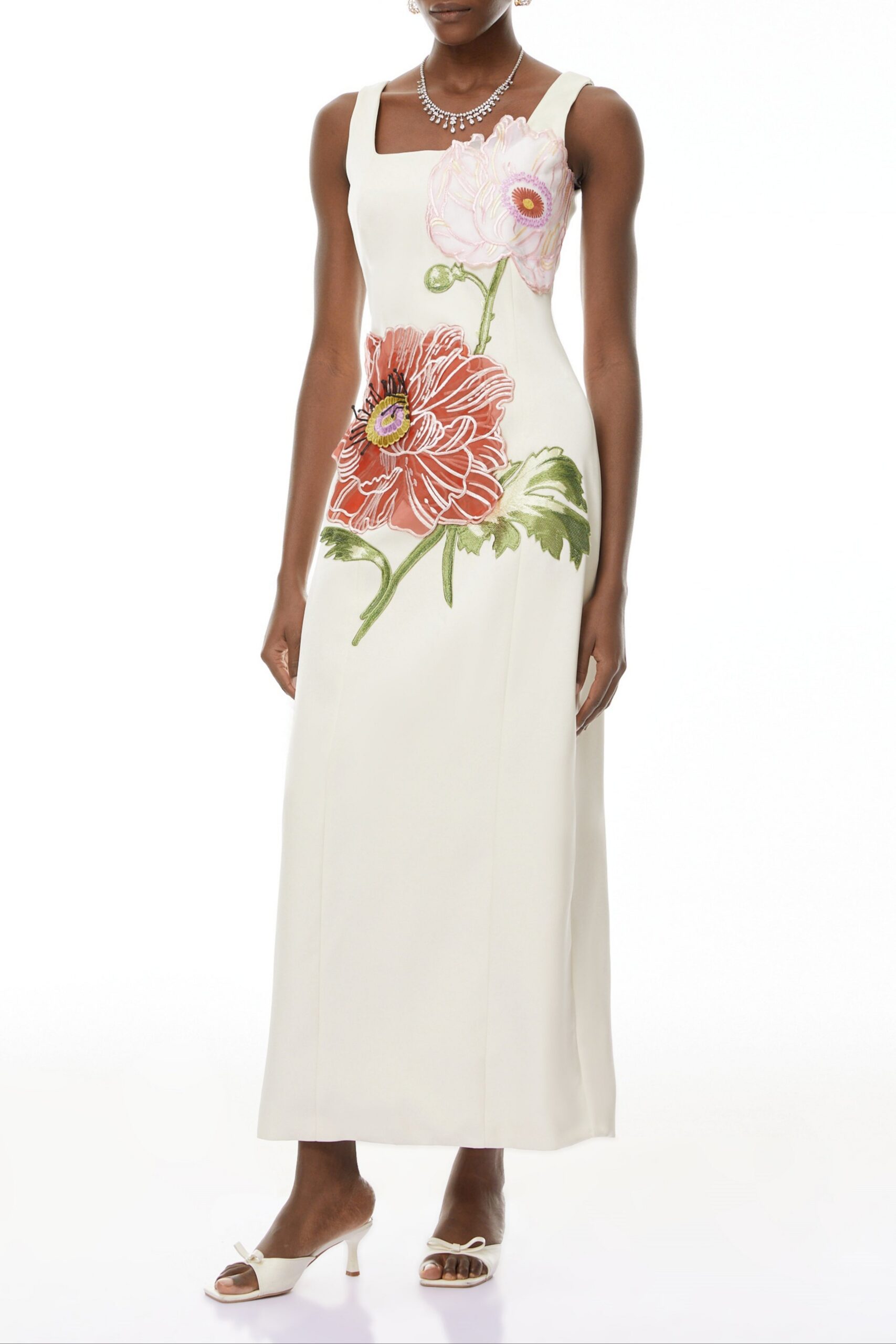 NICOLA SQUARE NECK EMBROIDERED SATIN MAXI DRESS