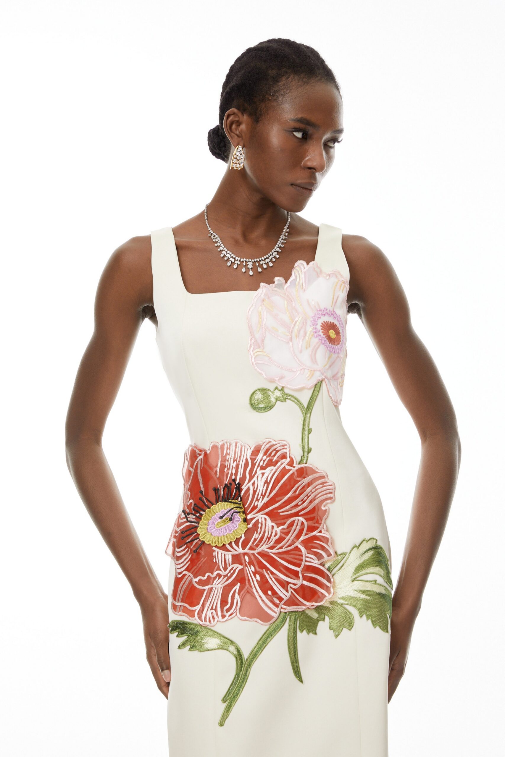 NICOLA SQUARE NECK EMBROIDERED SATIN MAXI DRESS