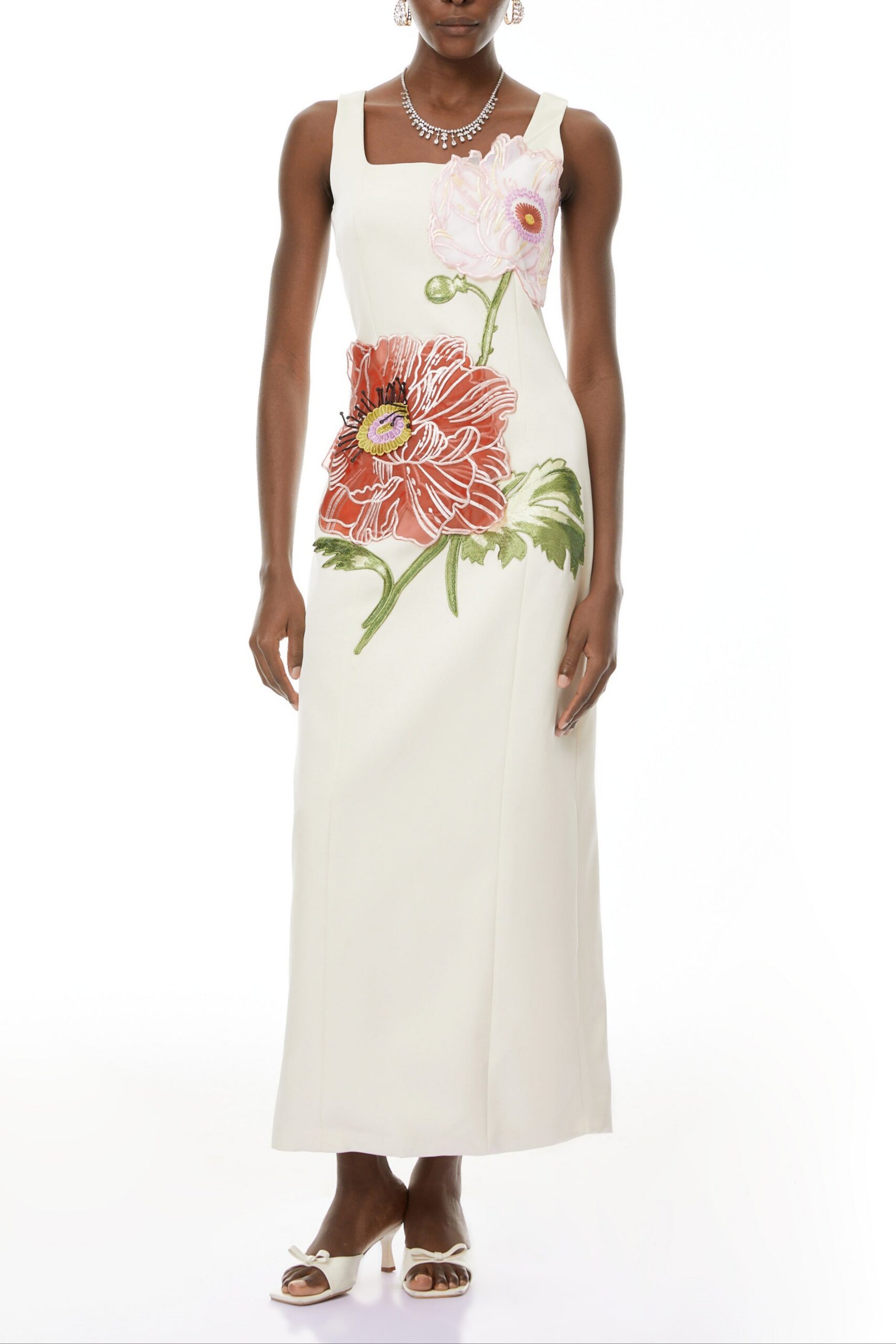 NICOLA SQUARE NECK EMBROIDERED SATIN MAXI DRESS