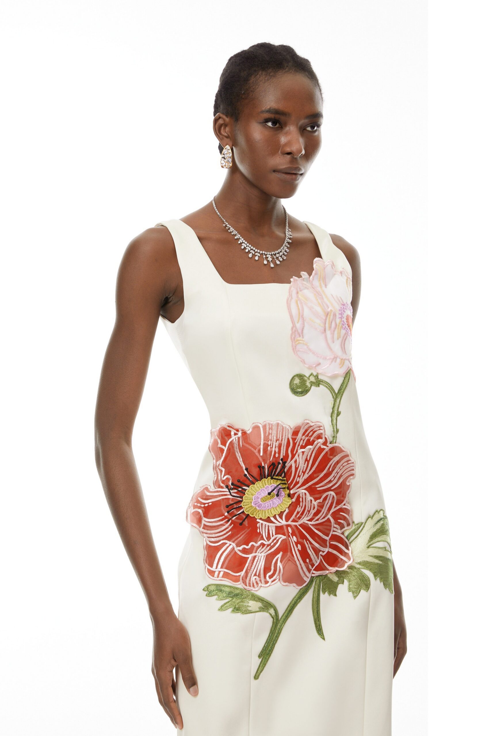 NICOLA SQUARE NECK EMBROIDERED SATIN MAXI DRESS