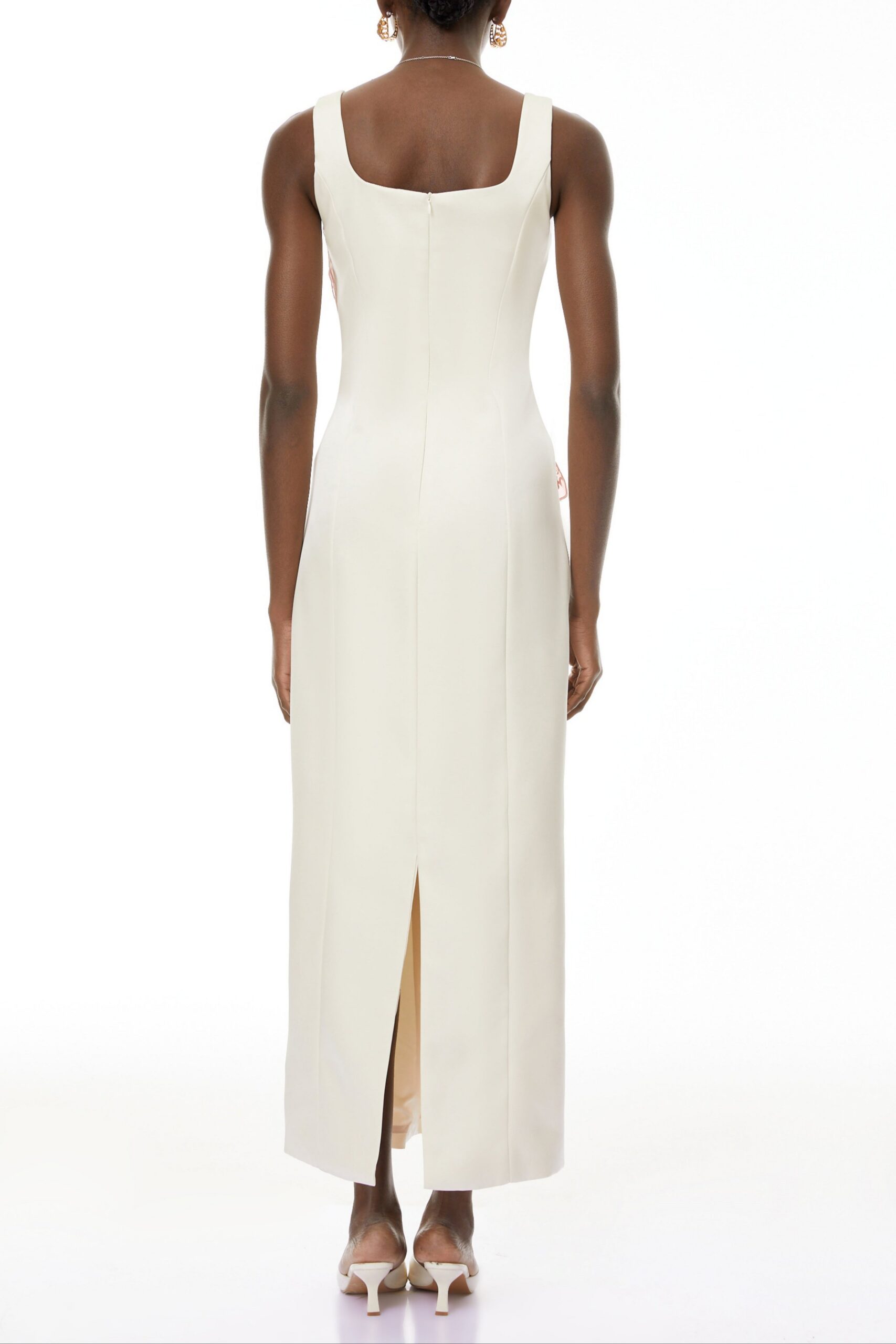 NICOLA SQUARE NECK EMBROIDERED SATIN MAXI DRESS
