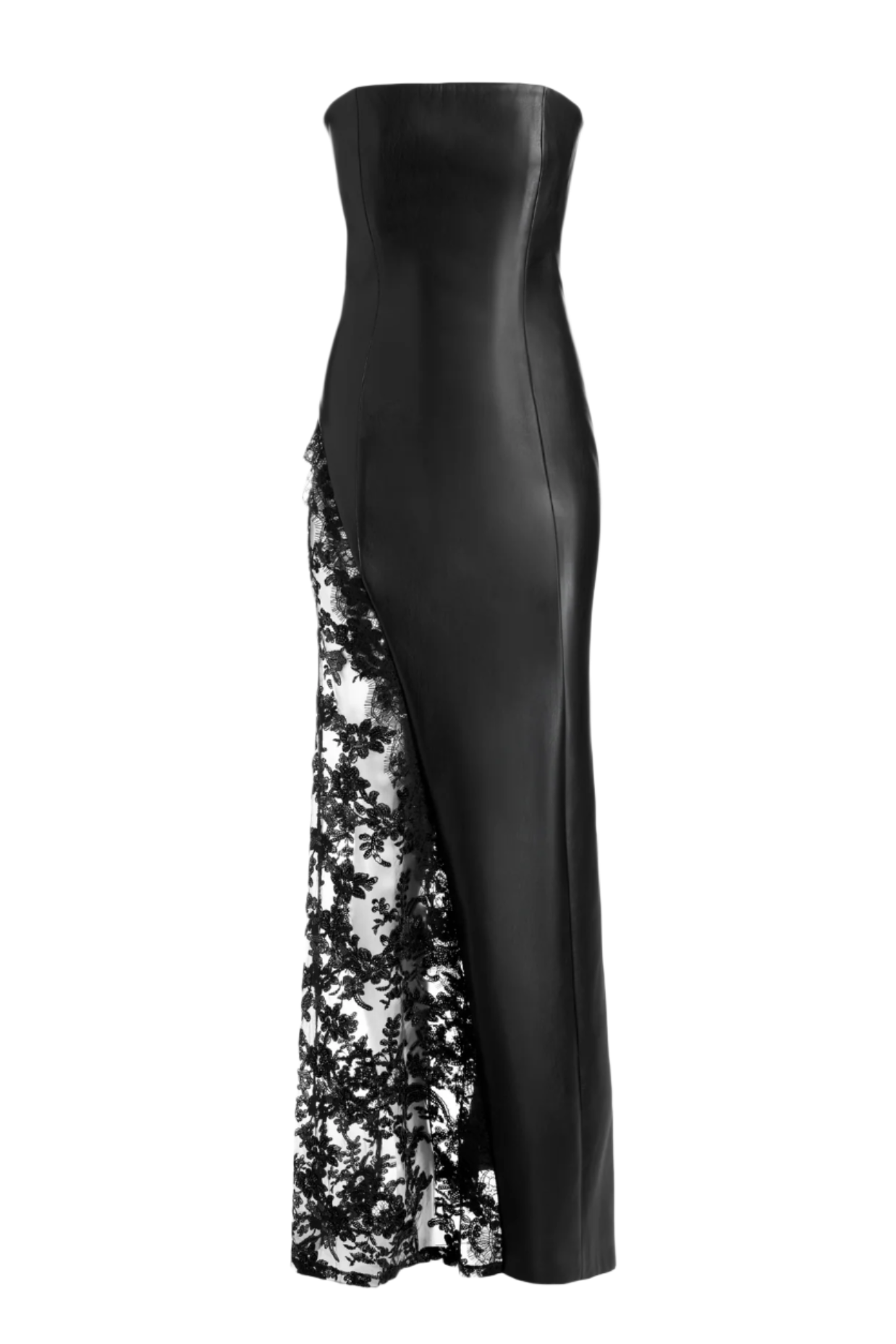 DAMIEN FAUX LEATHER STRAPLESS LACE MAXI DRESS