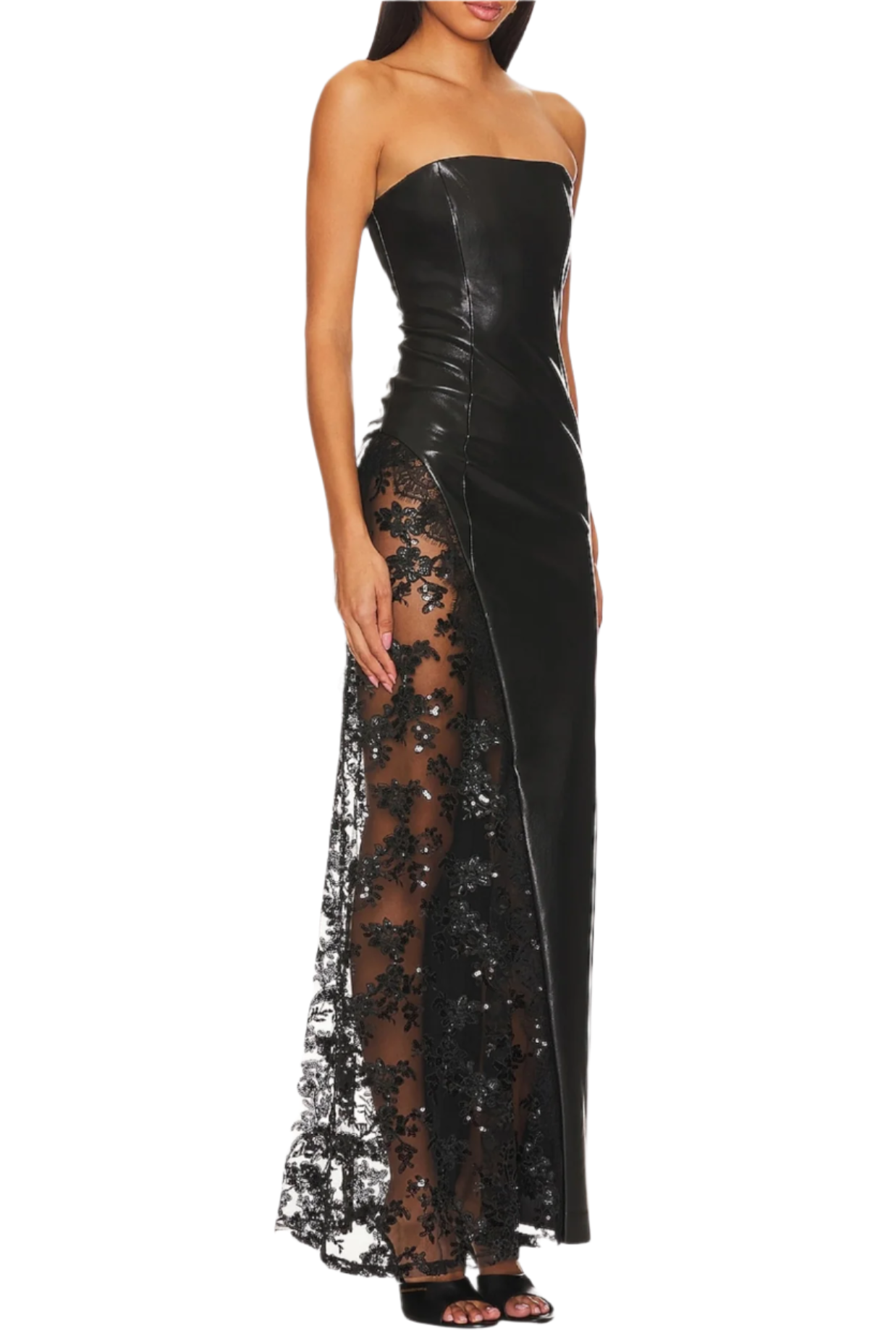 DAMIEN FAUX LEATHER STRAPLESS LACE MAXI DRESS