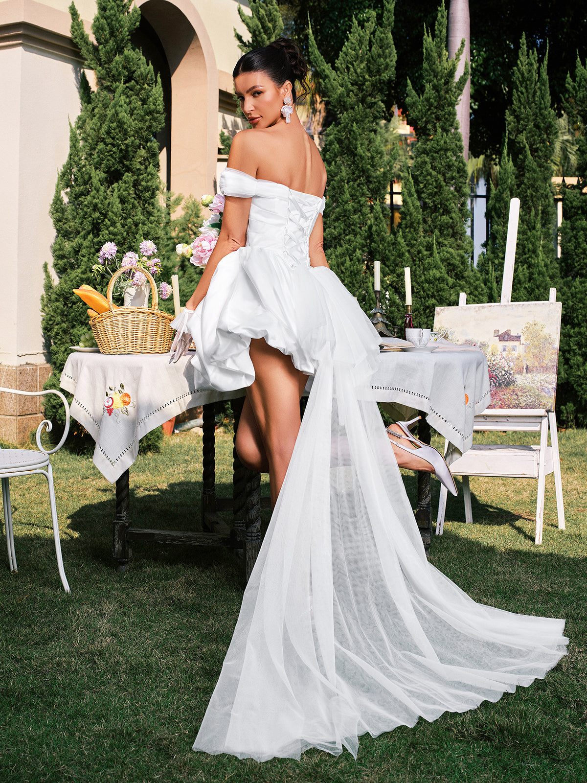 DANYAL OFF-SHOULDER RUCHED SATIN WEDDING DRESS