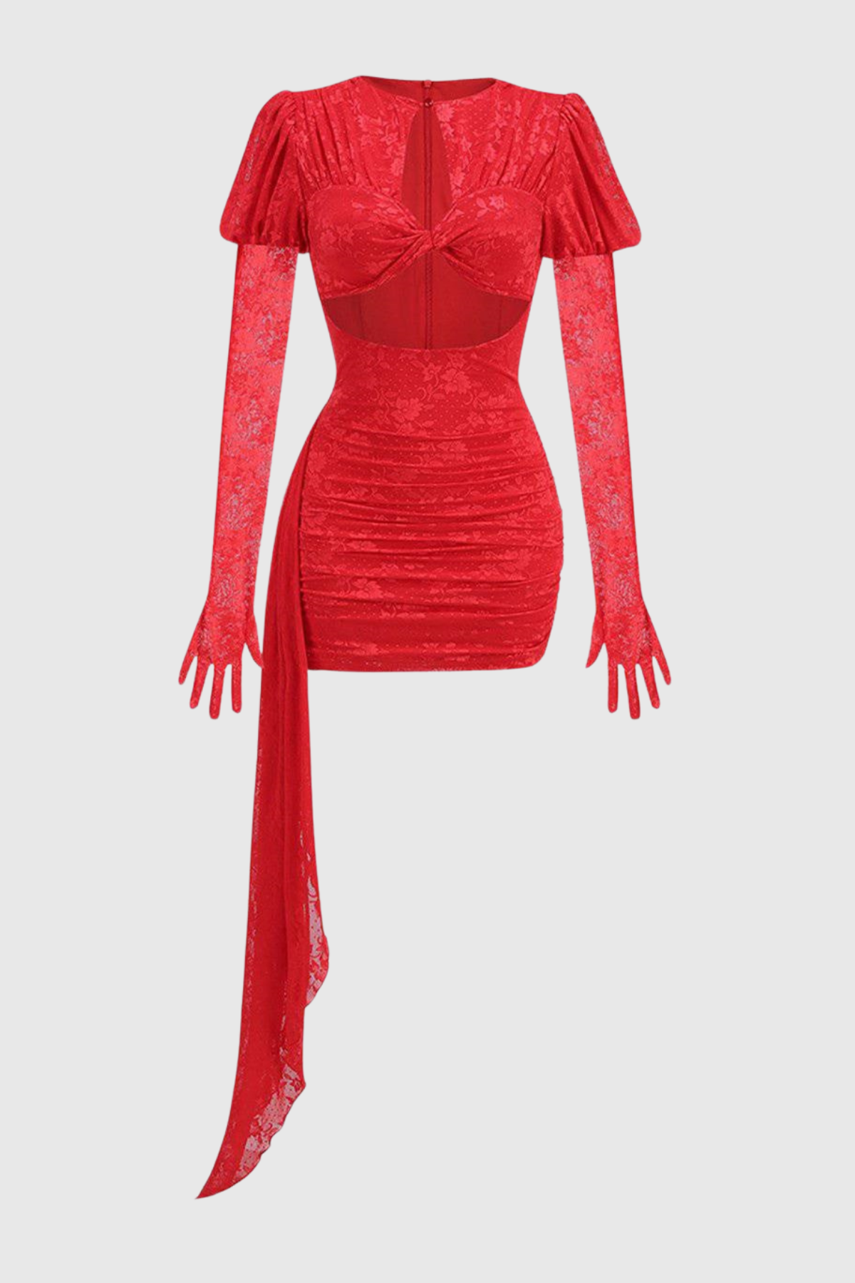 DARIEL FLORAL JACQUARD CUTOUT DRAPED MINI DRESS RED