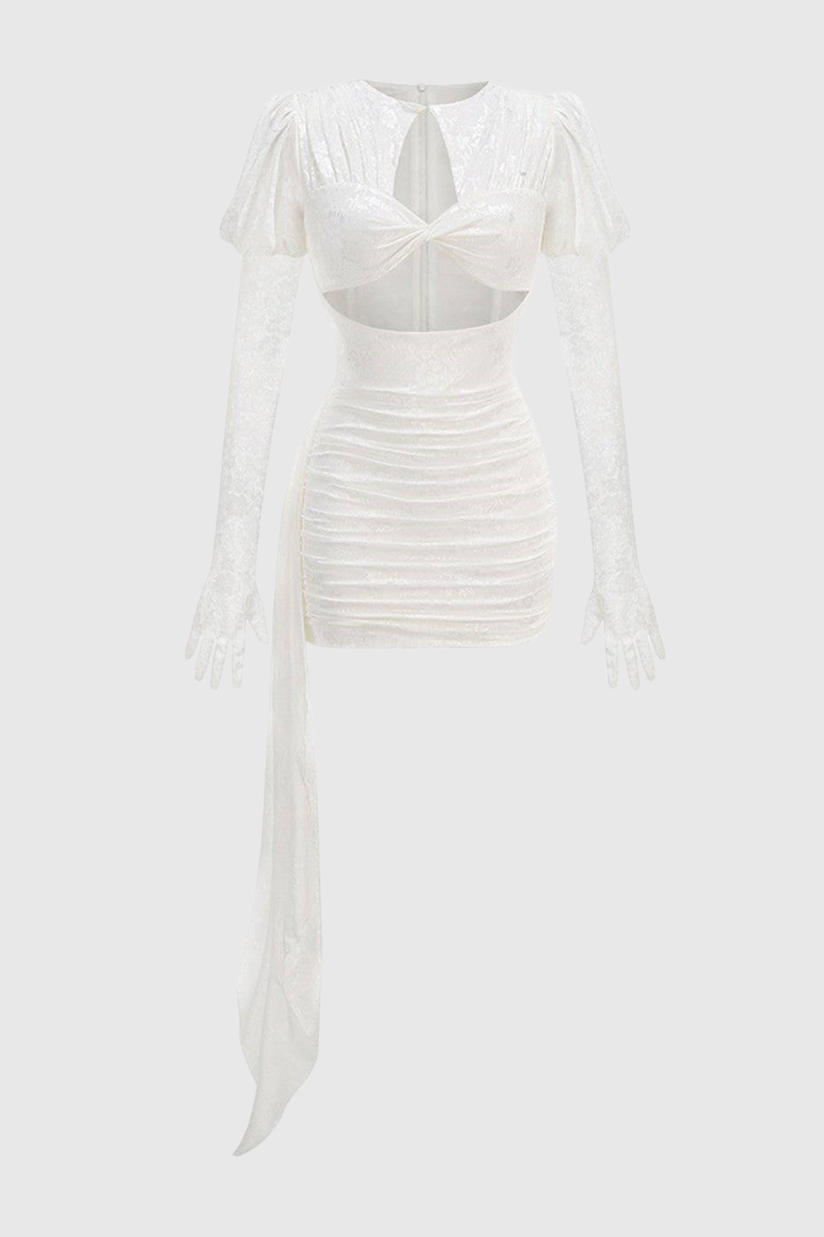 DARIEL FLORAL JACQUARD CUTOUT DRAPED MINI DRESS - WHITE