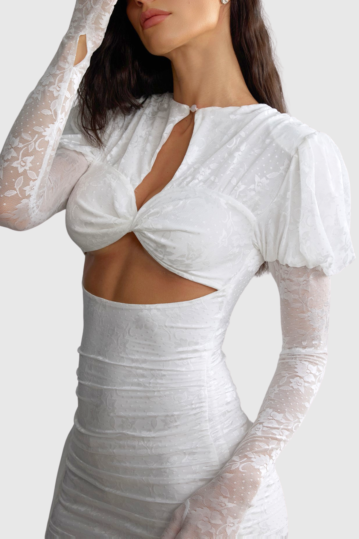DARIEL FLORAL JACQUARD CUTOUT DRAPED MINI DRESS - WHITE