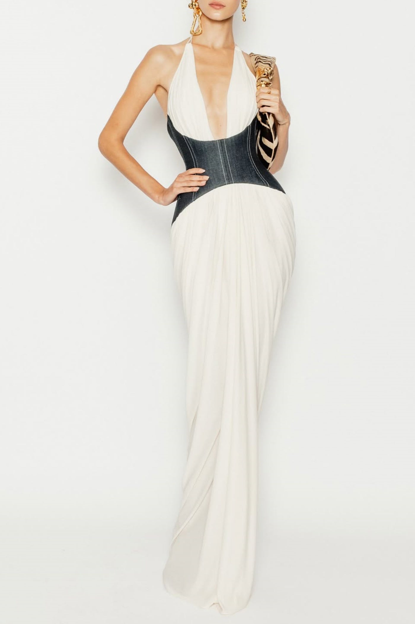 DARYLE HALTER DENIM CORSET MAXI DRESS