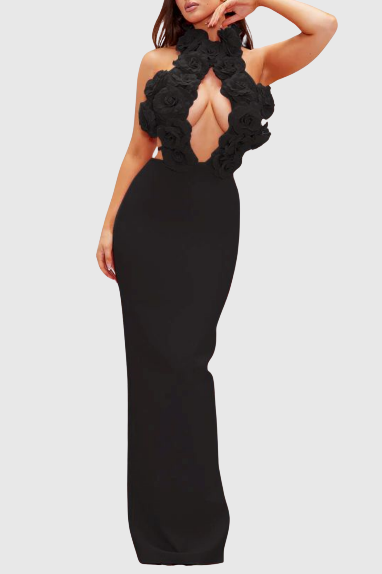 DATHERINE FLORAL HALTER MAXI DRESS - BLACK BANDAGE