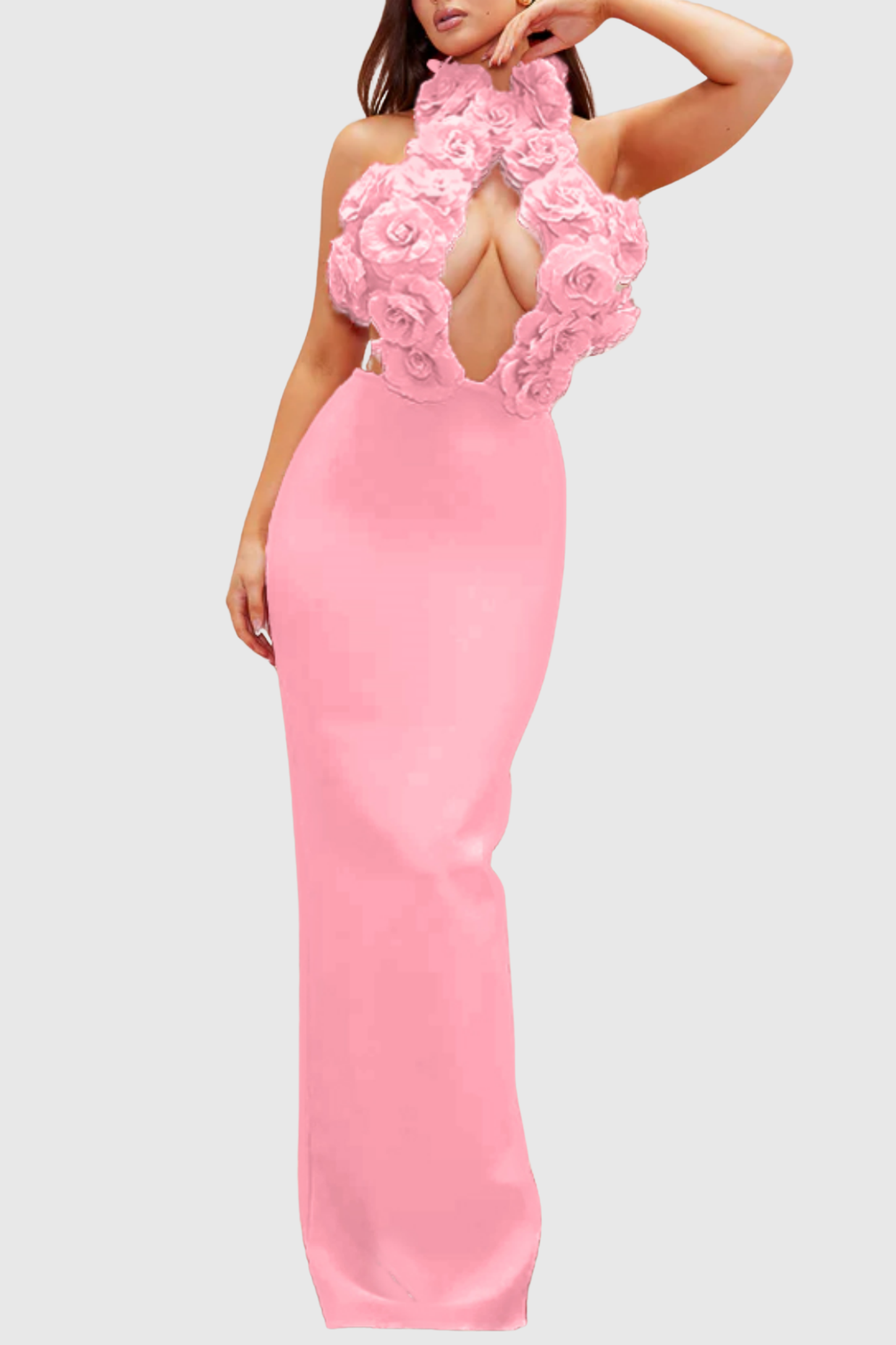 DATHERINE FLORAL HALTER MAXI DRESS FOR WEDDING - PINK
