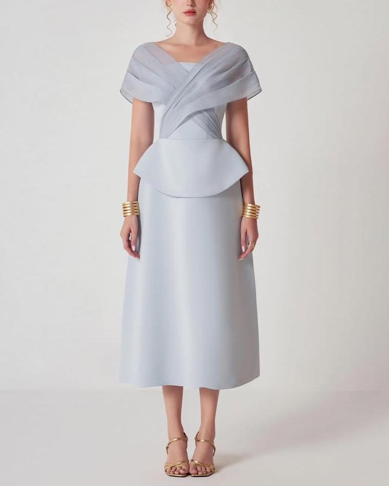 DazzleintheMurielMidiDress_Withitschiccapsleeves_flatteringpeplum_andsheerpleateddetails_thisdressistheepitomeofmodernsophistication.Seemoreatbycici.com_CICI_CICIBYCICI_Fall23Collecti MESH PATCHWORK MIDI DRESS LIGHT GREY CASUAL