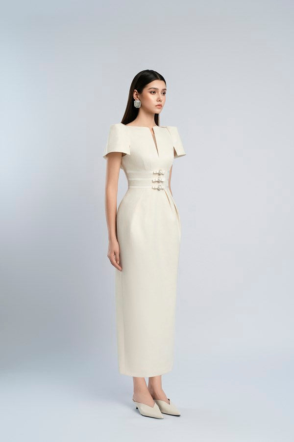 V-NECK BEIGE MAXI DRESS FOR WEDDING GUEST