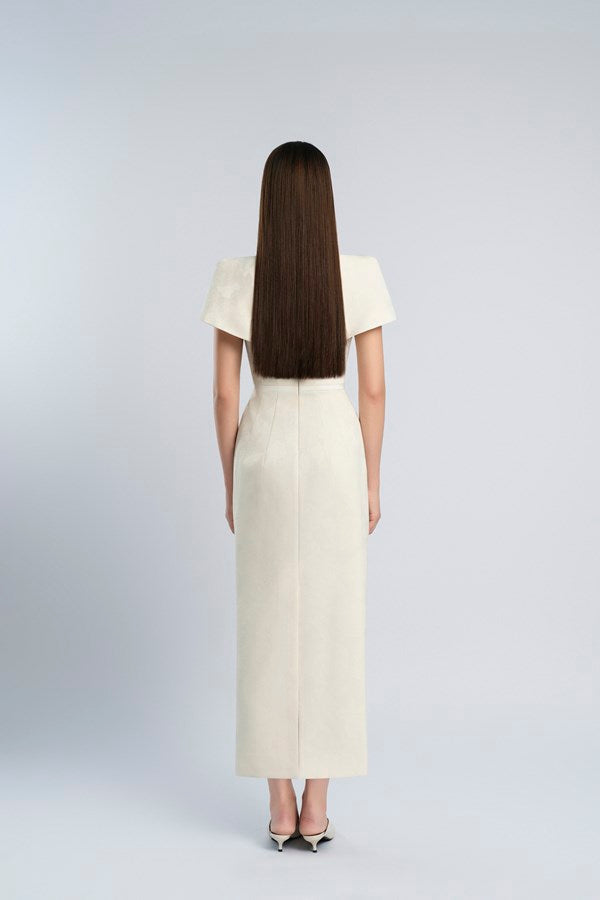 V-NECK BEIGE MAXI DRESS FOR WEDDING GUEST