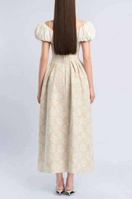 BEIGE BOAT NECK CORSET MAXI DRESS, FORMAL