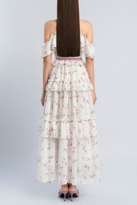 FLORAL BOW COLLAR RUFFLE MAXI DRESS FOR WEDDING