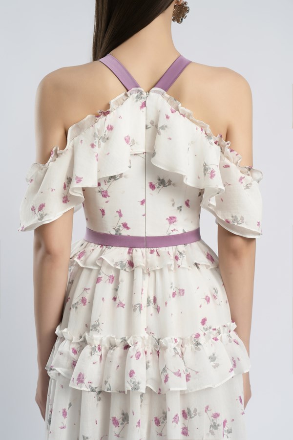 FLORAL BOW COLLAR RUFFLE MAXI DRESS FOR WEDDING