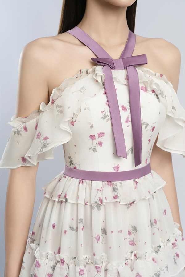 FLORAL BOW COLLAR RUFFLE MAXI DRESS FOR WEDDING