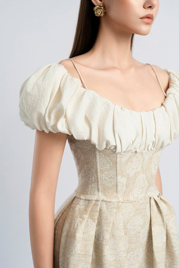 BEIGE BOAT NECK CORSET MAXI DRESS, FORMAL