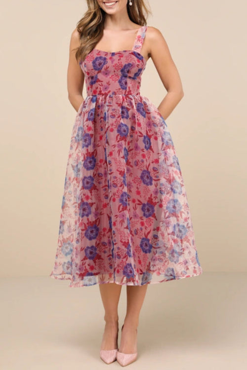 MAGENTA FLORAL BUSTIER MIDI SKATER DRESS