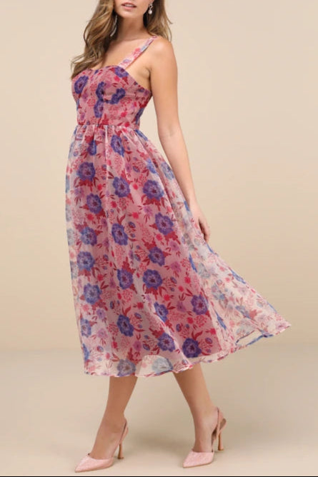 MAGENTA FLORAL BUSTIER MIDI SKATER DRESS
