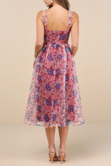 MAGENTA FLORAL BUSTIER MIDI SKATER DRESS