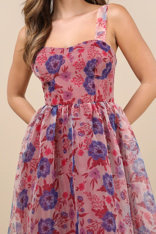 MAGENTA FLORAL BUSTIER MIDI SKATER DRESS