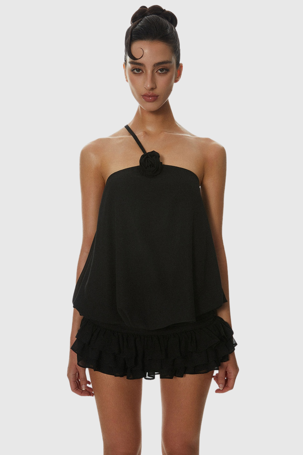 DELLESA FLORAL ONE SHOULDER TOP – BLACK