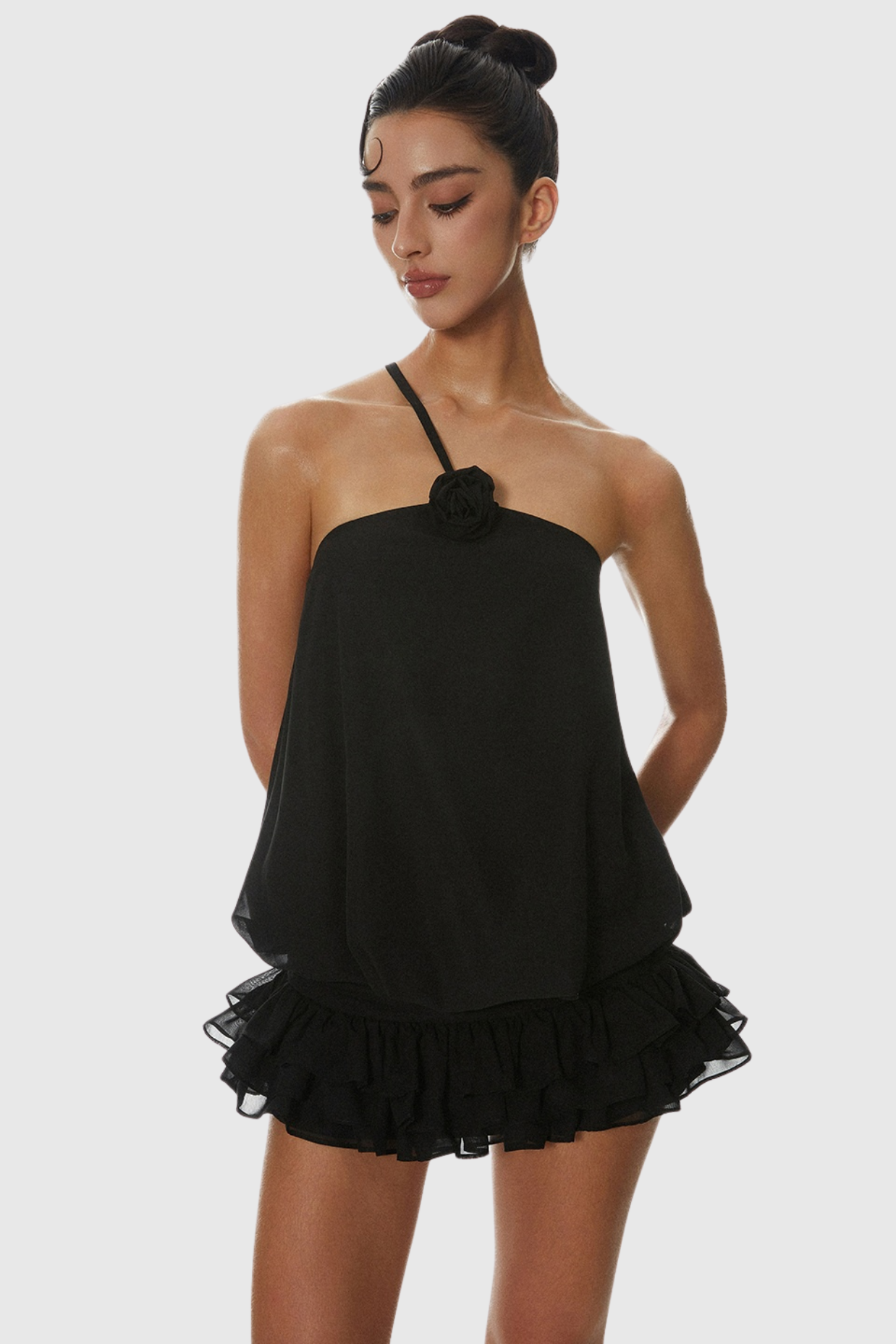 DELLESA FLORAL ONE SHOULDER TOP – BLACK