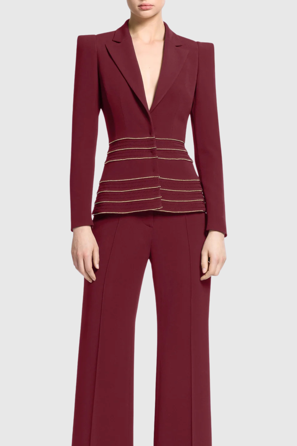 WINE SANDY TRIM BLAZER PANTS SET FOR EVENING