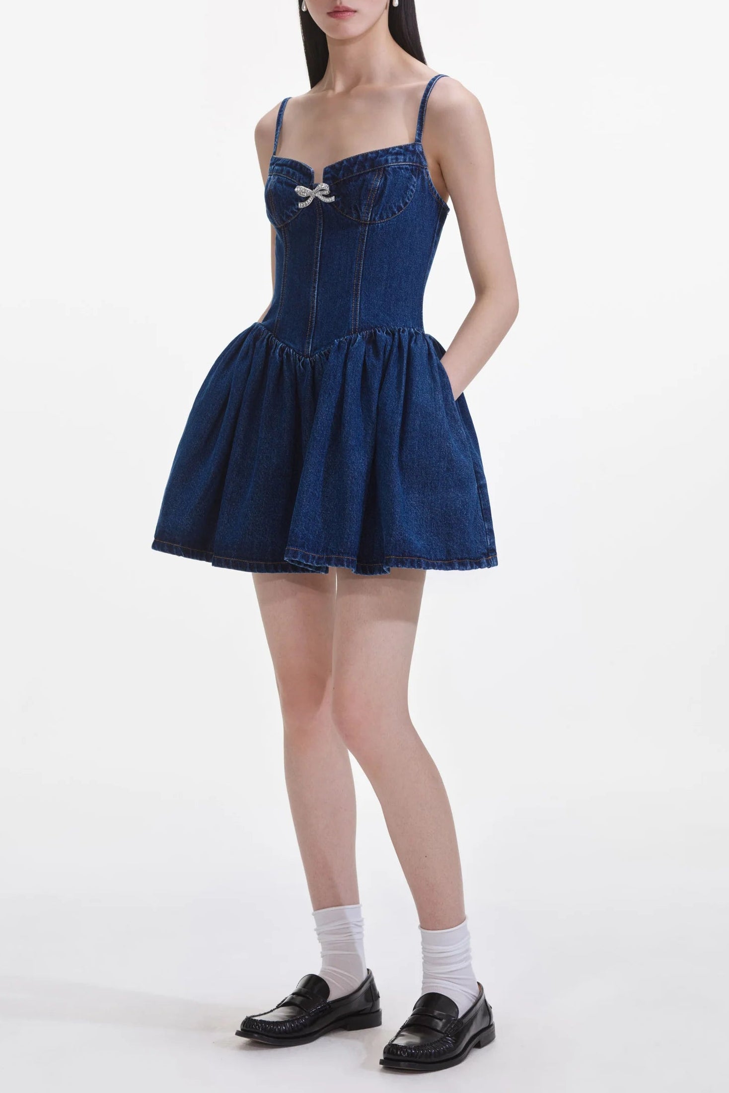 DENIM DIAMANTE BOW SWEETHEART MINI DRESS