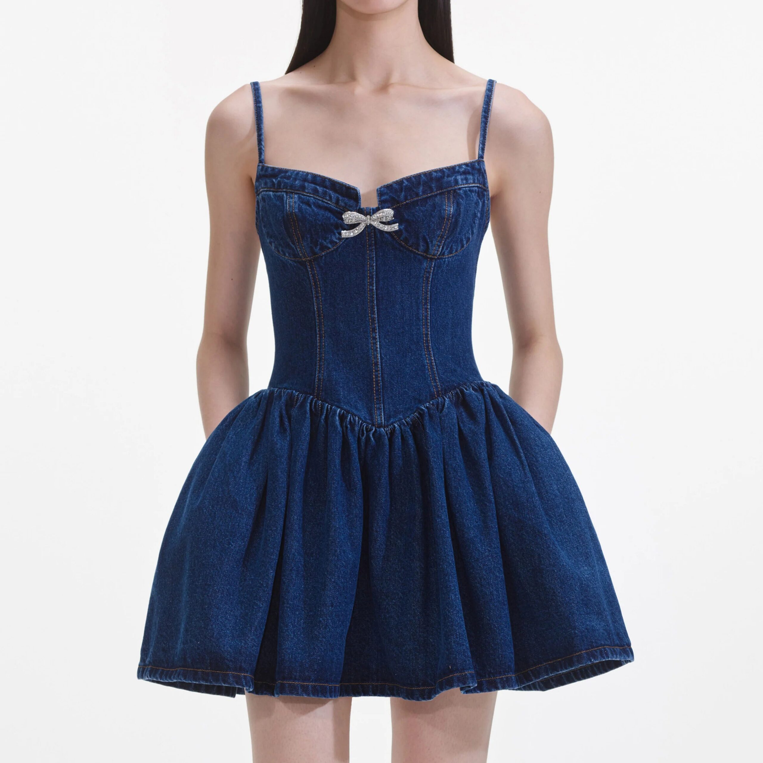 DENIM DIAMANTE BOW SWEETHEART MINI DRESS