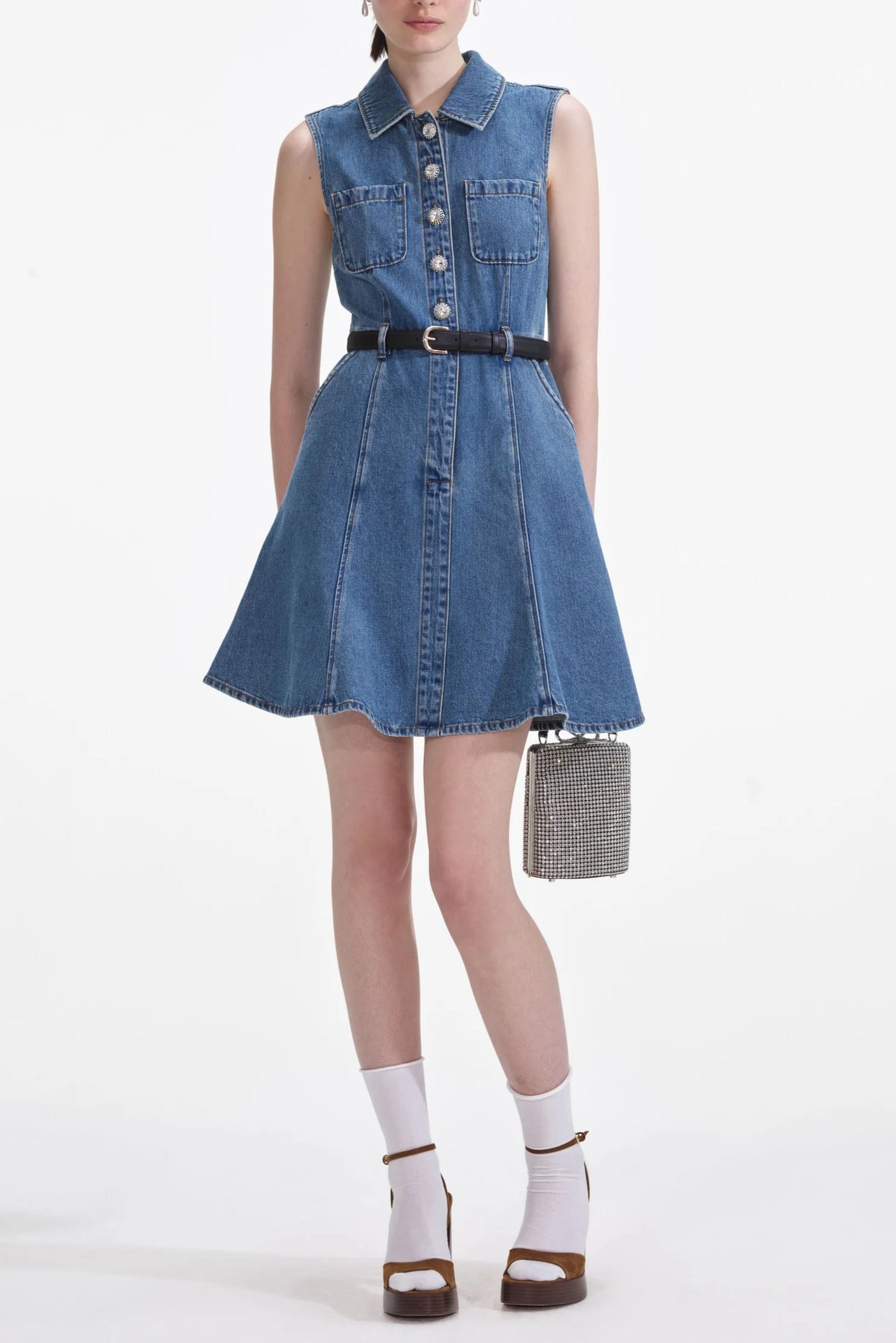 DENIM SLEEVELESS PEARL MINI COCKTAIL DRESS